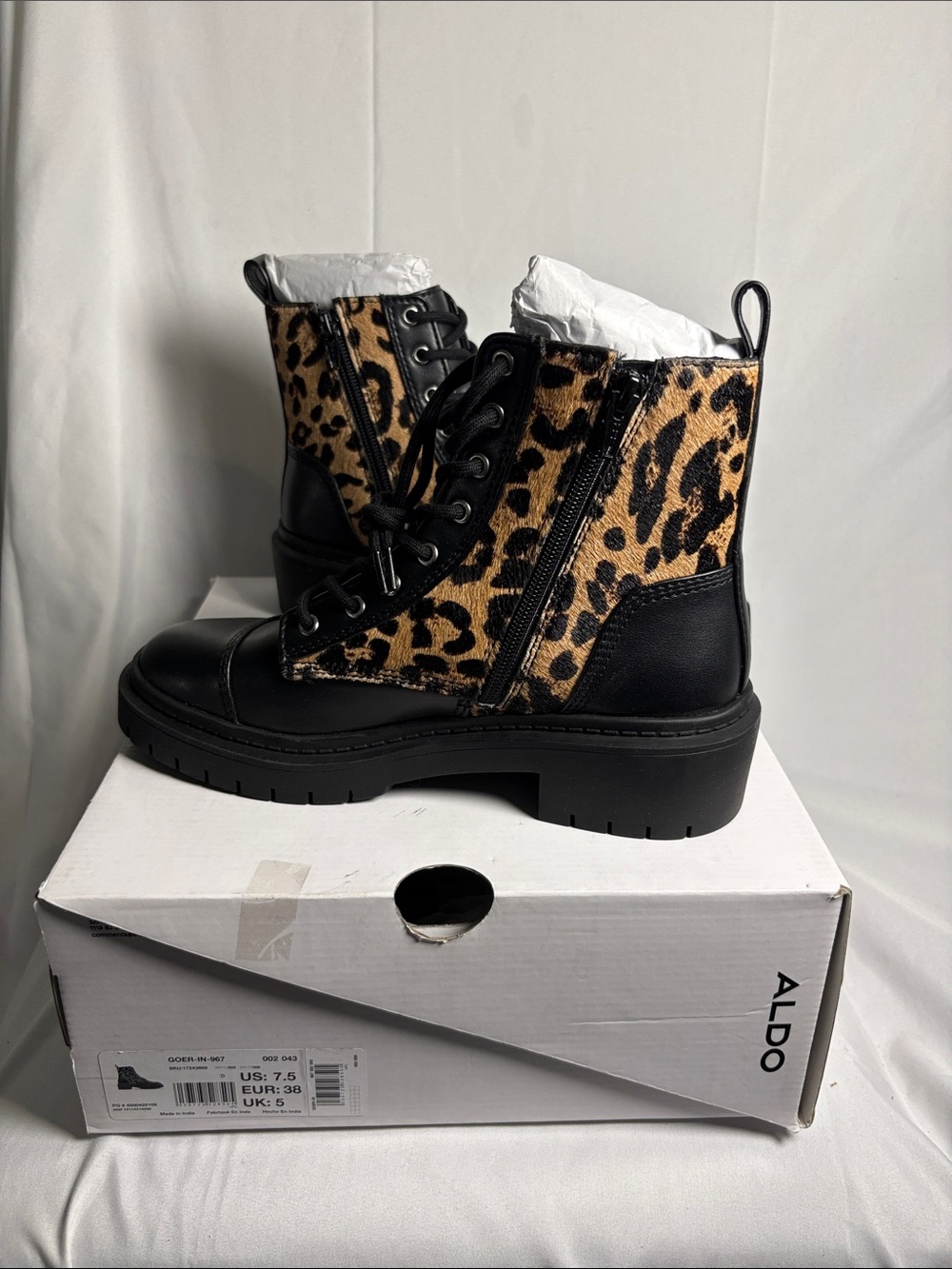 Aldo Black and Leopard Print Platform Combat Boots size 7.5